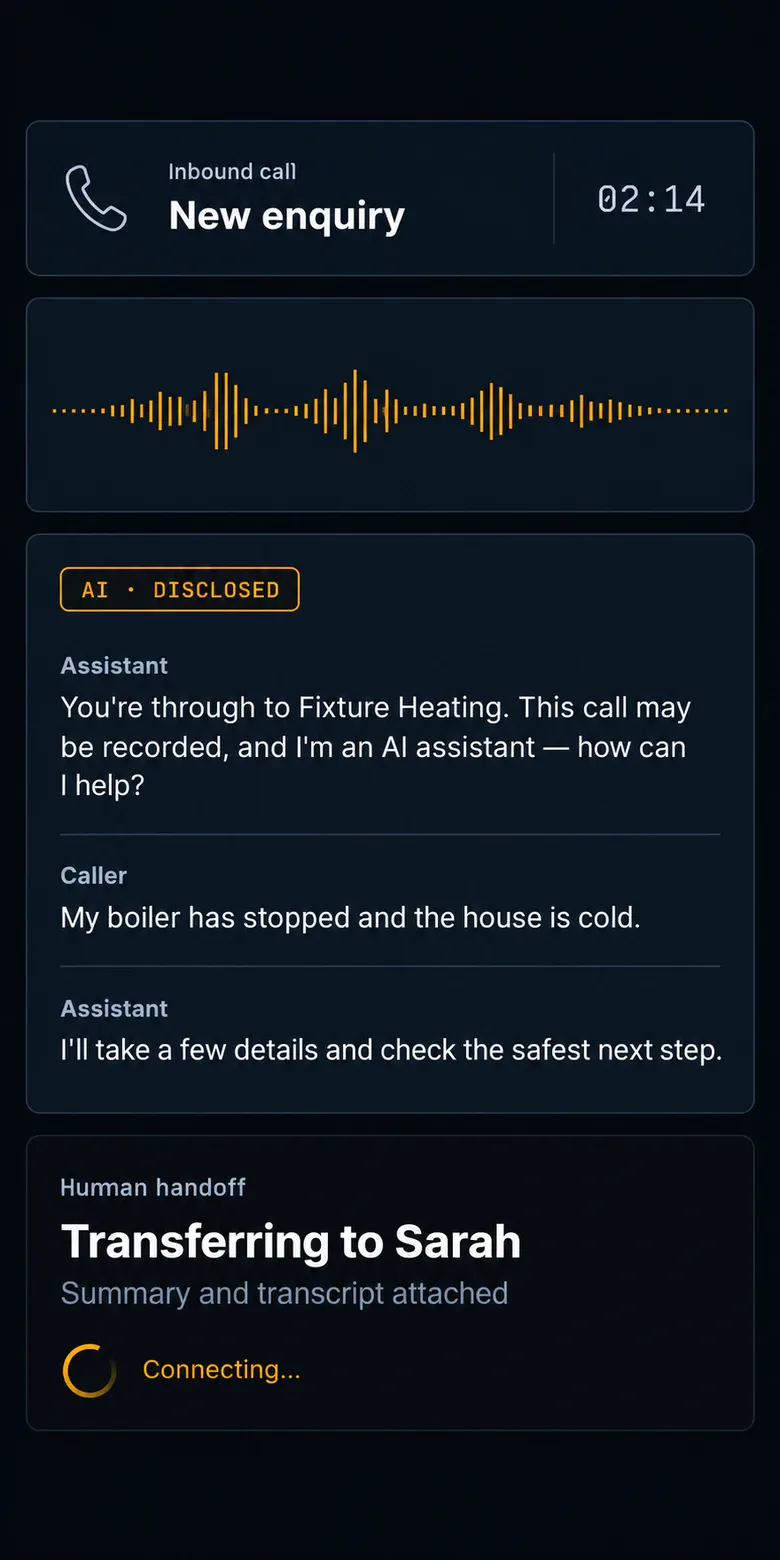 Transcript of an AI-answered call disclosing it is automated, qualifying a boiler quote and booking a survey